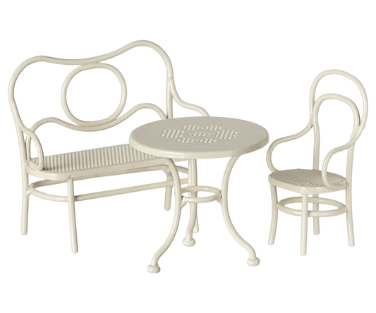Ensemble table, banc et chaise blanc cassé