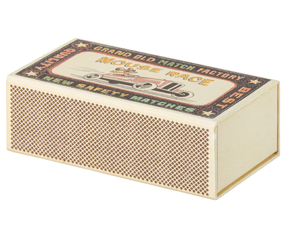 Souris grande soeur en chemise de nuit dans sa boite d'allumette