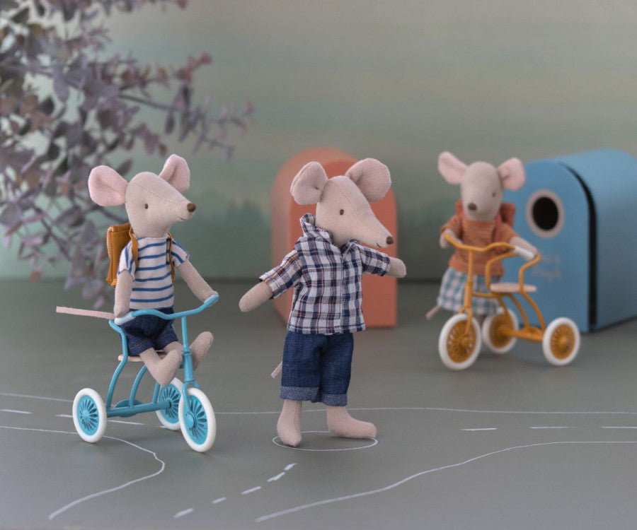 Vélo bleu pour souris et son abri