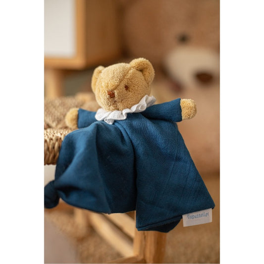 Doudou hochet ourson bleu denim