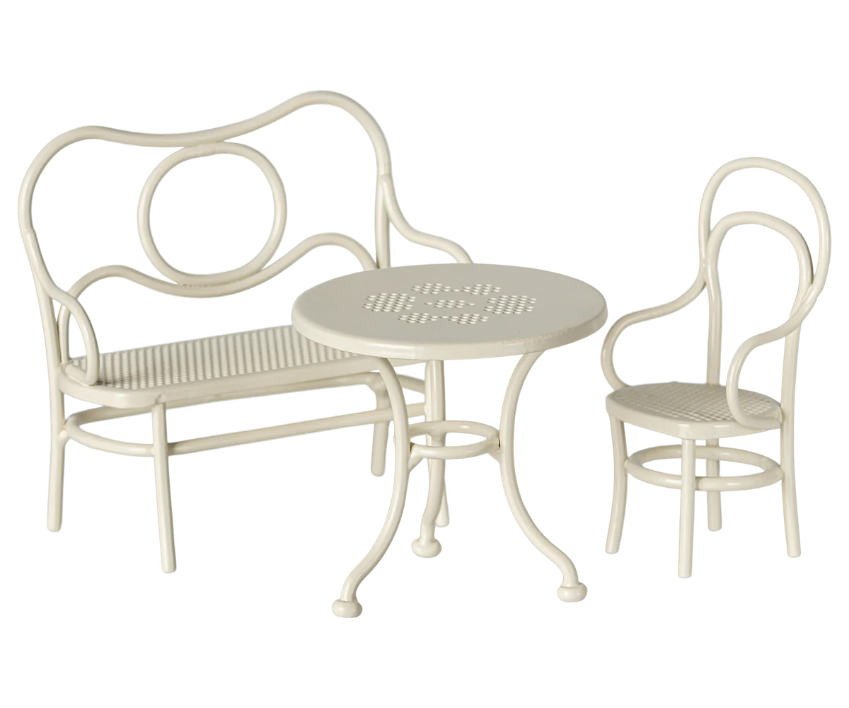 Ensemble table, banc et chaise blanc cassé